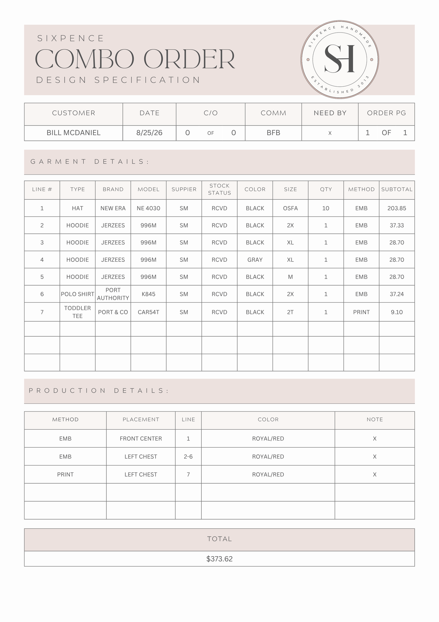 CUSTOM ORDER BILL
