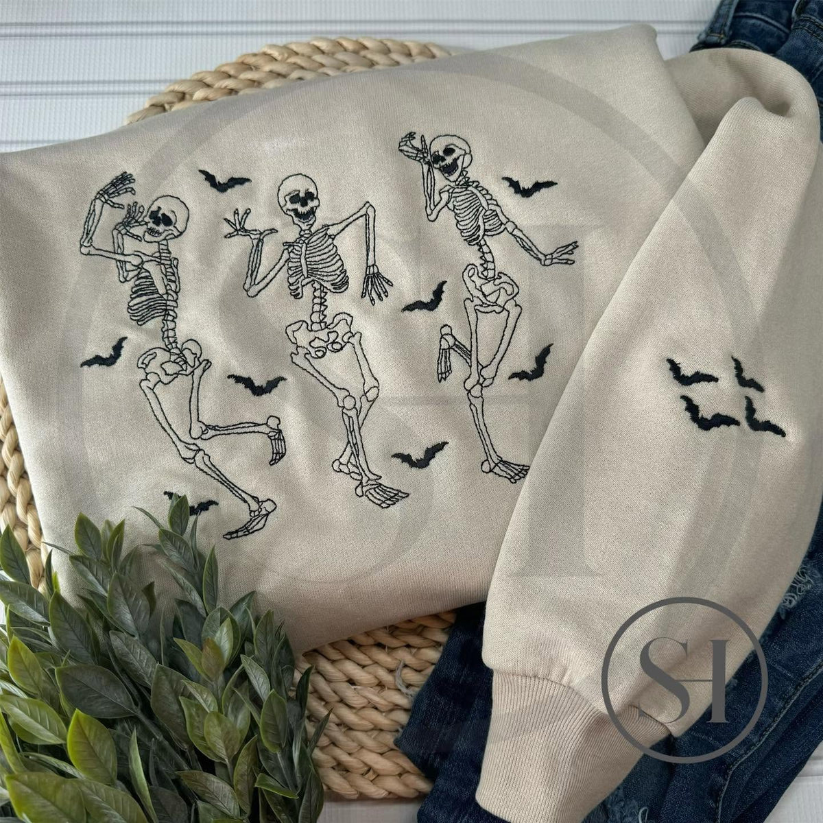 EMBROIDERED DANCING SKELETONS WITH SLEEVE DETAIL - CUSTOM SHIRT