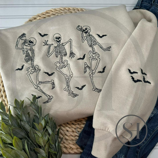 EMBROIDERED DANCING SKELETONS WITH SLEEVE DETAIL - CUSTOM SHIRT