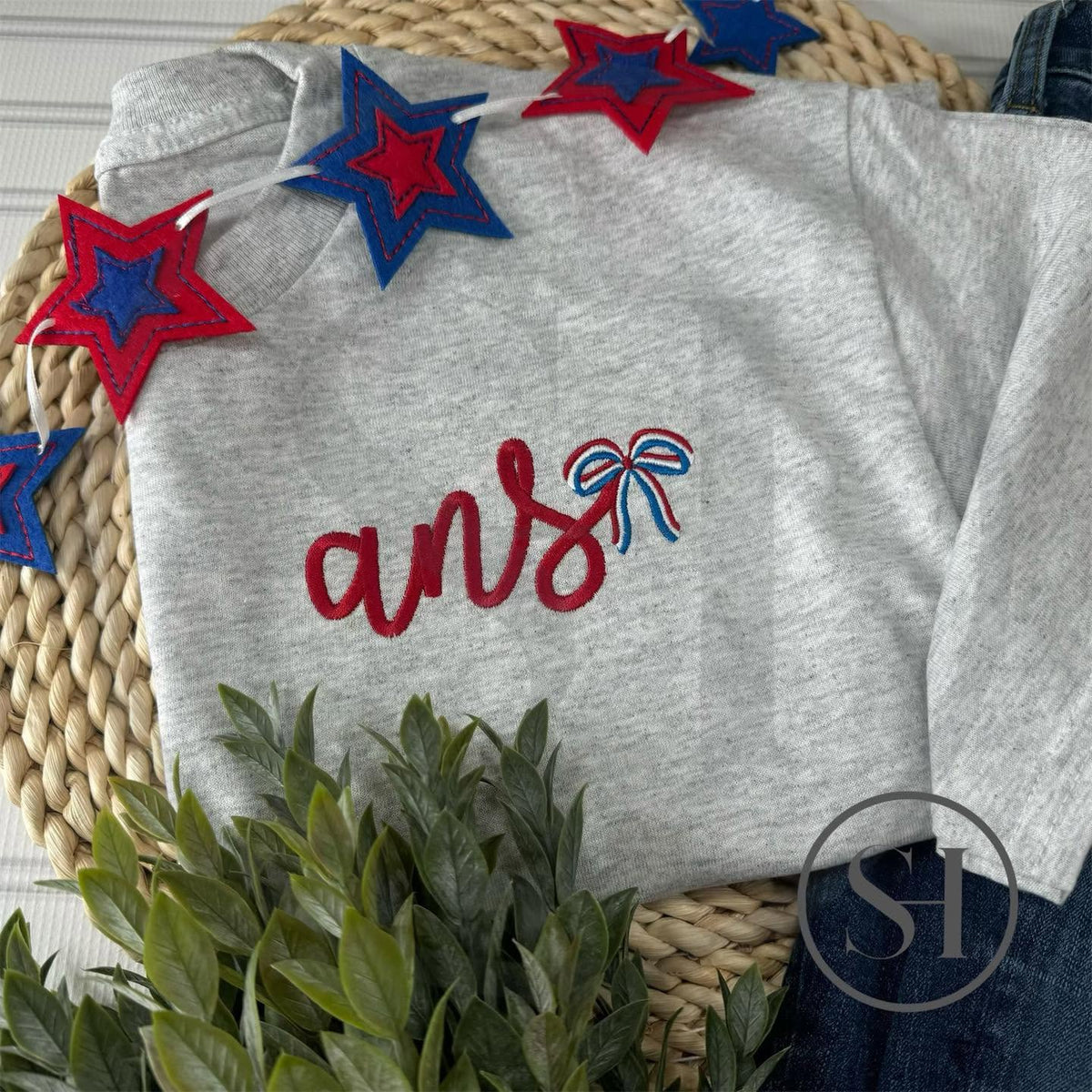 PATRIOTIC SCRIPT INITIALS WITH BOW - CUSTOM EMBROIDERED SHIRT