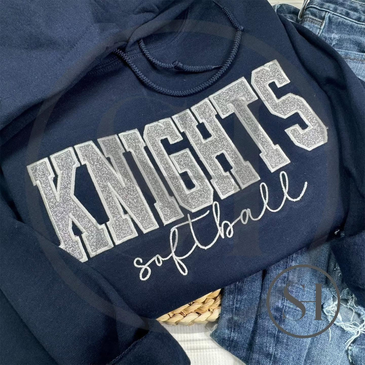 GLITTER VARSITY APPLIQUÉ WITH SCRIPT EMBROIDERY - BUILD YOUR OWN CUSTOM SHIRT