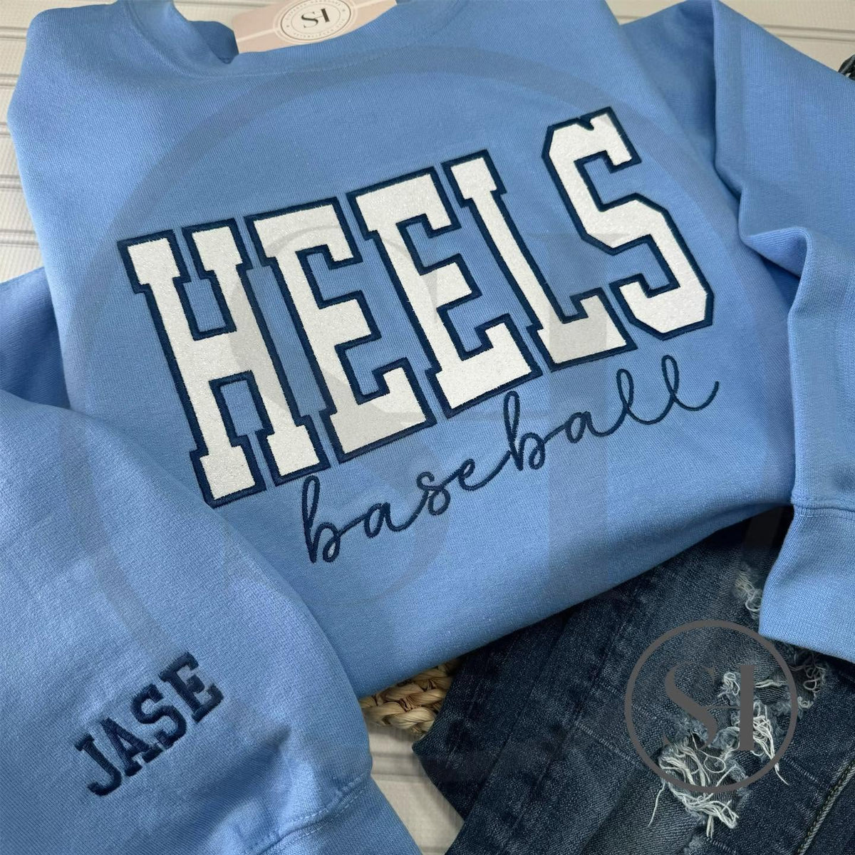 GLITTER VARSITY APPLIQUÉ WITH SCRIPT EMBROIDERY - BUILD YOUR OWN CUSTOM SHIRT