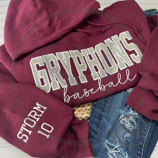 GLITTER VARSITY APPLIQUÉ WITH SCRIPT EMBROIDERY - BUILD YOUR OWN CUSTOM SHIRT