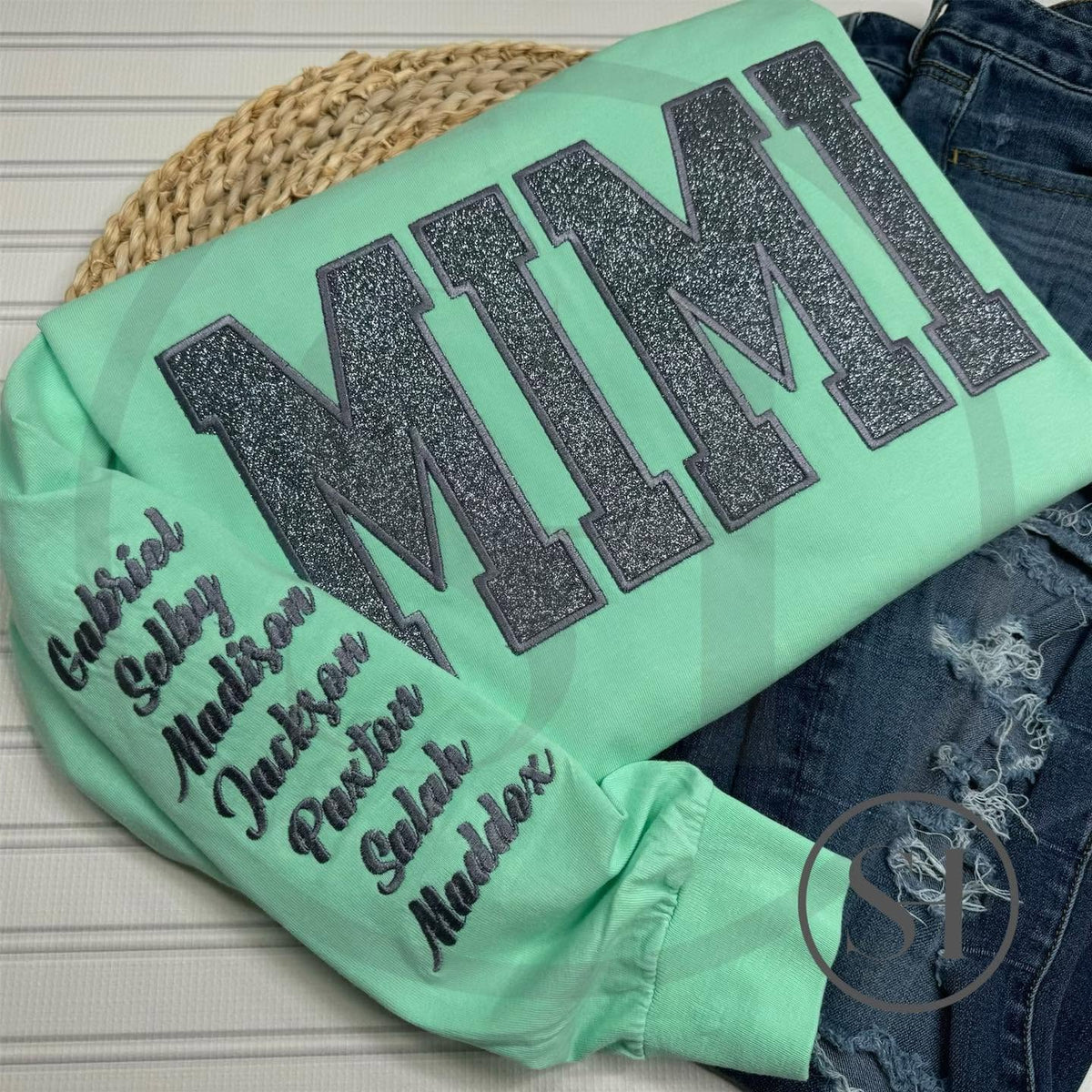 GLITTER VARSITY APPLIQUÉ WITH SCRIPT EMBROIDERY - BUILD YOUR OWN CUSTOM SHIRT