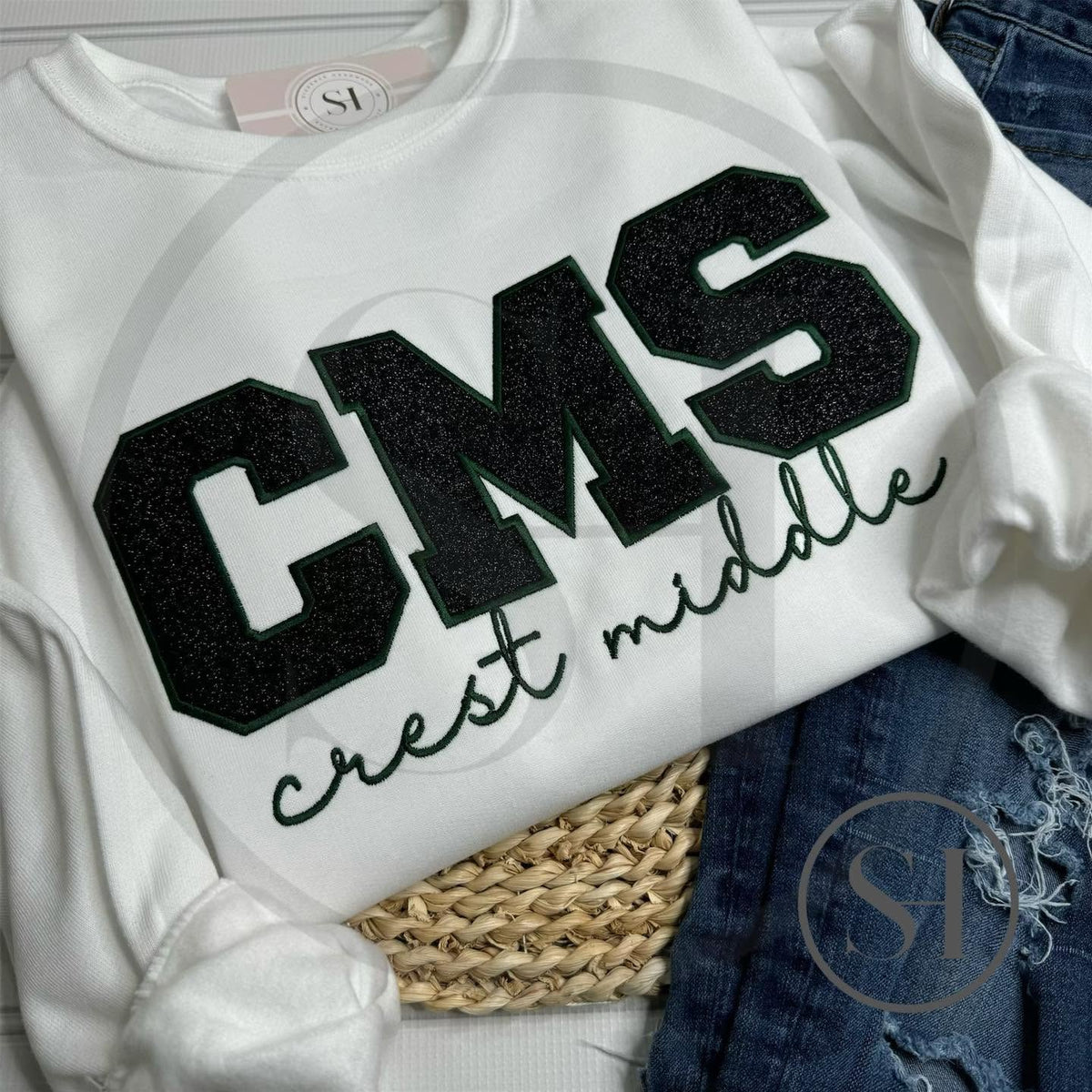 GLITTER VARSITY APPLIQUÉ WITH SCRIPT EMBROIDERY - BUILD YOUR OWN CUSTOM SHIRT