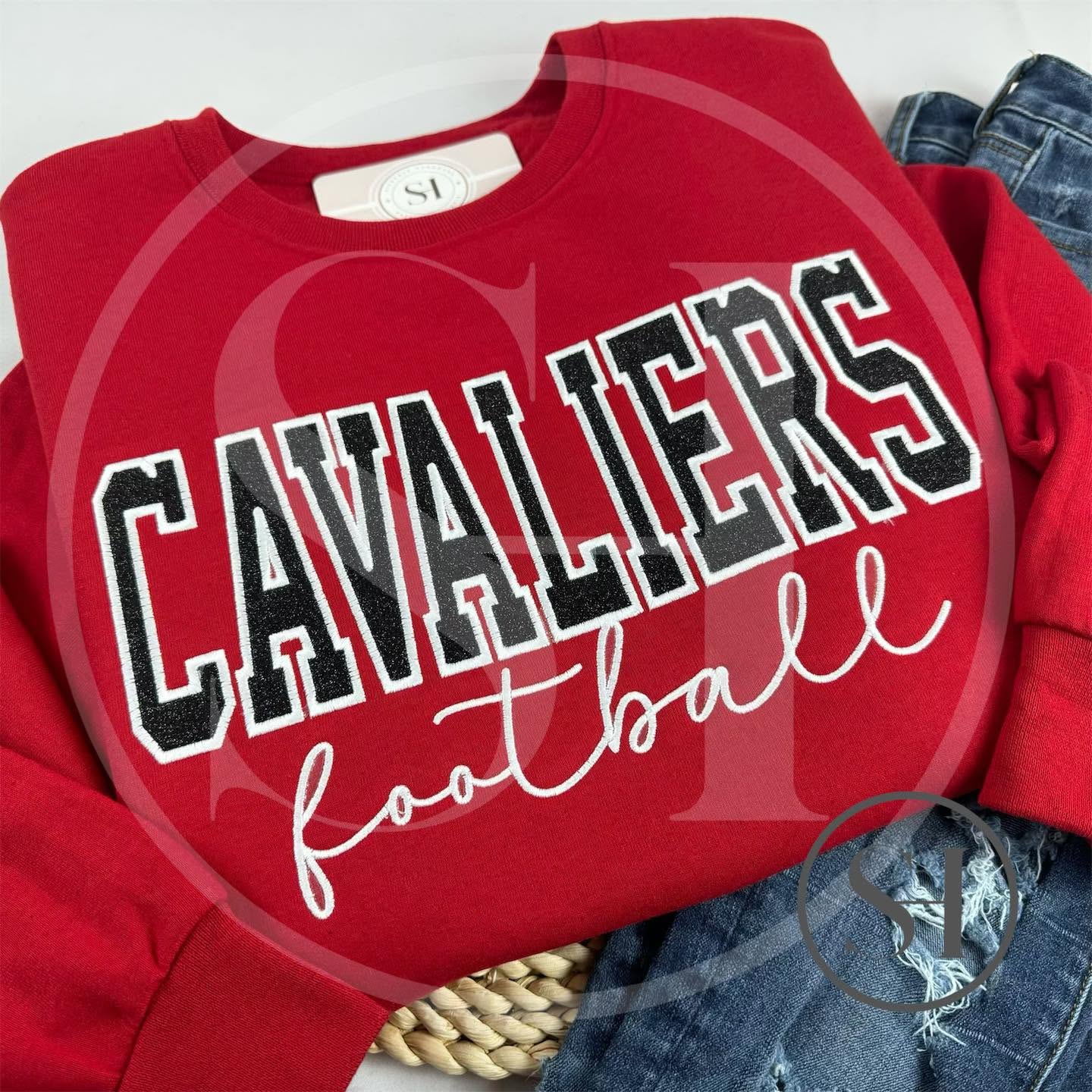 GLITTER VARSITY APPLIQUÉ WITH SCRIPT EMBROIDERY - BUILD YOUR OWN CUSTOM SHIRT