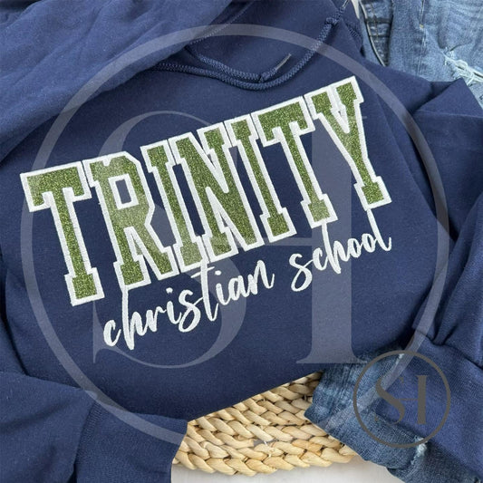GLITTER VARSITY APPLIQUÉ WITH SCRIPT EMBROIDERY - BUILD YOUR OWN CUSTOM SHIRT