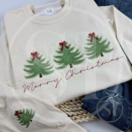 MERRY CHRISTMAS TREES WITH SLEEVE DETAIL - CUSTOM EMBROIDERED SHIRT