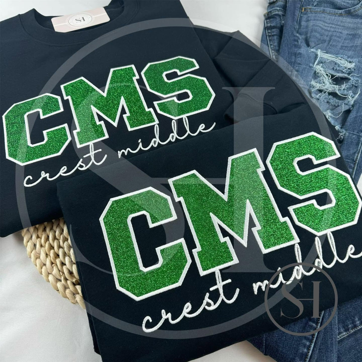 GLITTER VARSITY APPLIQUÉ WITH SCRIPT EMBROIDERY - BUILD YOUR OWN CUSTOM SHIRT