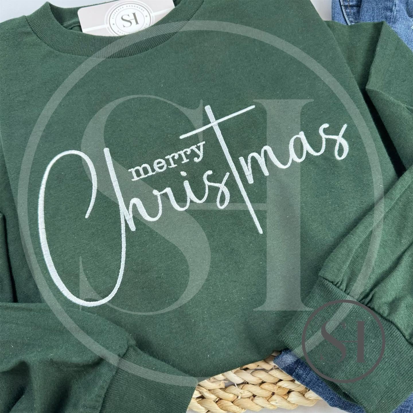 MERRY CHRISTMAS SCRIPT WITH CROSS - CUSTOM EMBROIDERED SHIRT
