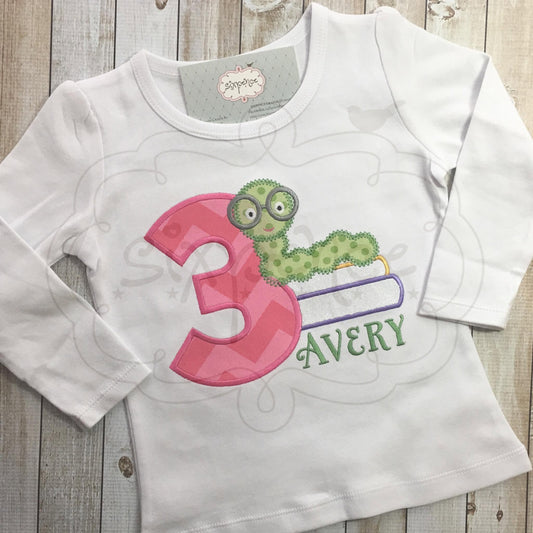 BOOKWORM BIRTHDAY APPLIQUÉ SHIRT - PERSONALIZED CUSTOM DESIGN