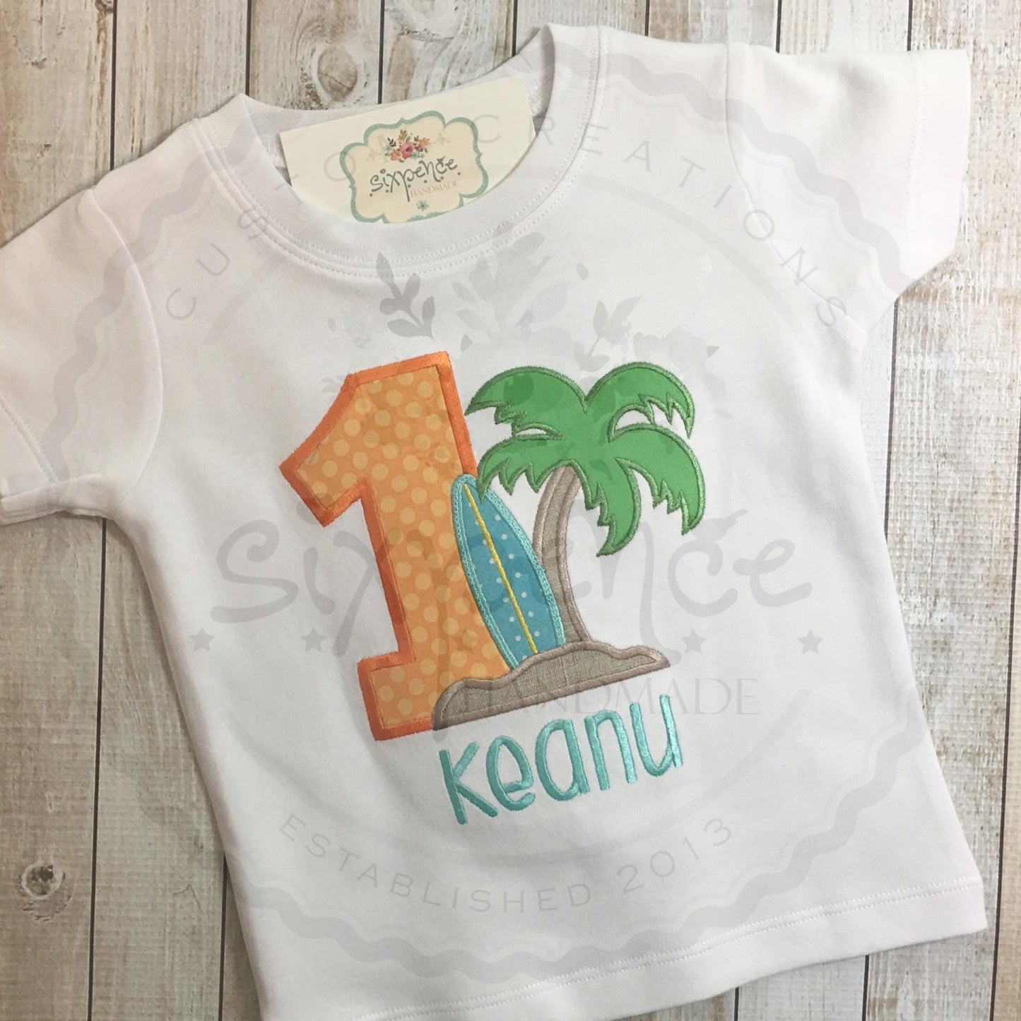 SURFBOARD BIRTHDAY APPLIQUÉ SHIRT - PERSONALIZED CUSTOM DESIGN
