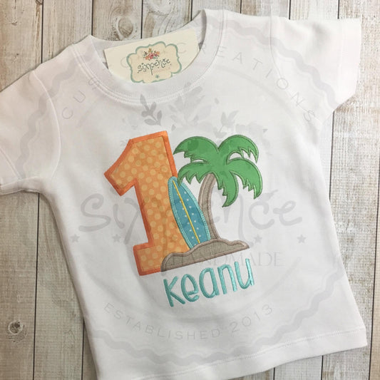 SURFBOARD BIRTHDAY APPLIQUÉ SHIRT - PERSONALIZED CUSTOM DESIGN