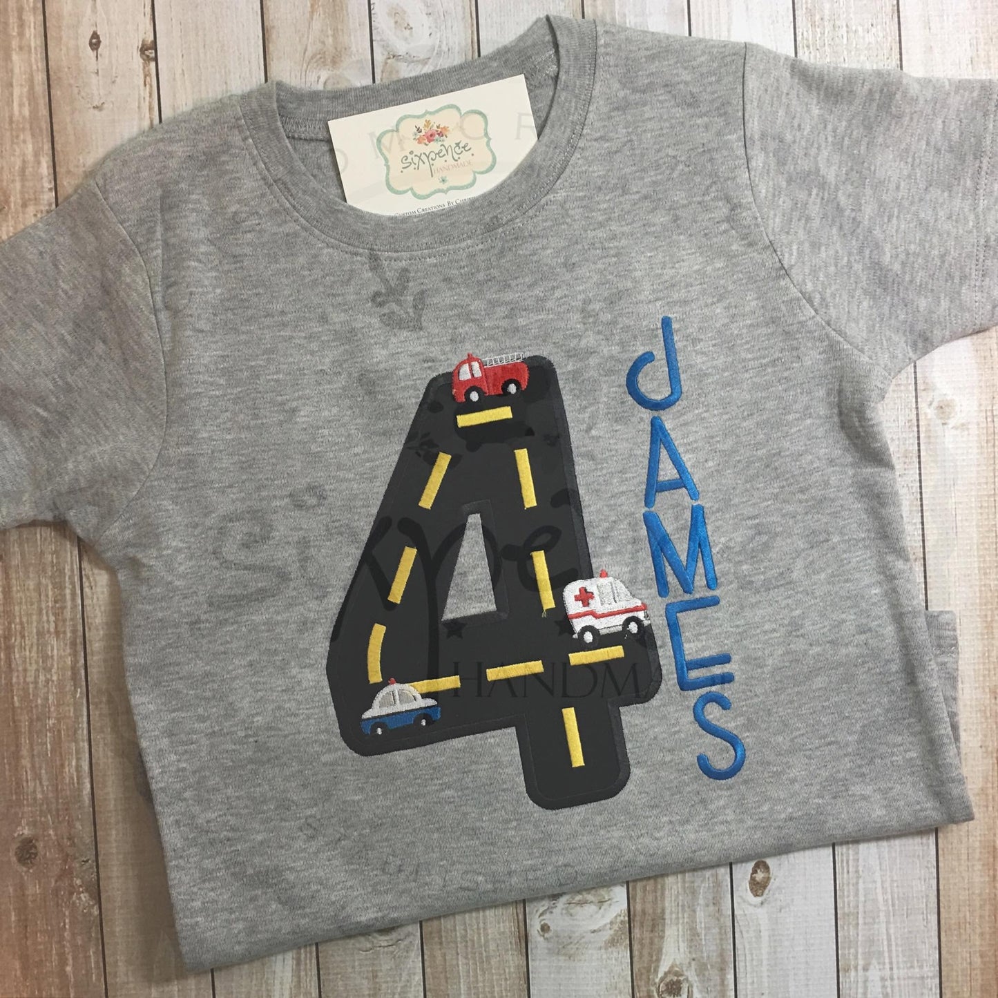 EMERGENCY VEHICLES BIRTHDAY APPLIQUÉ SHIRT - PERSONALIZED CUSTOM DESIGN