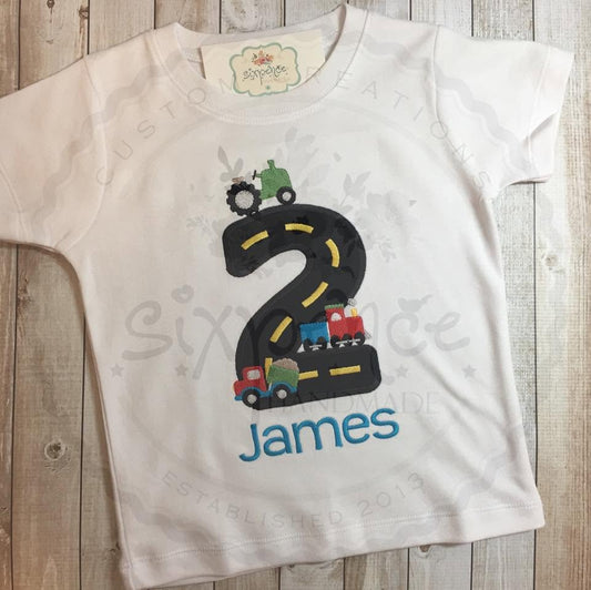 TRANSPORTATION BIRTHDAY APPLIQUÉ SHIRT - PERSONALIZED CUSTOM DESIGN