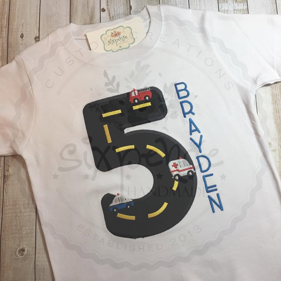 EMERGENCY VEHICLES BIRTHDAY APPLIQUÉ SHIRT - PERSONALIZED CUSTOM DESIGN