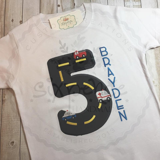 EMERGENCY VEHICLES BIRTHDAY APPLIQUÉ SHIRT - PERSONALIZED CUSTOM DESIGN