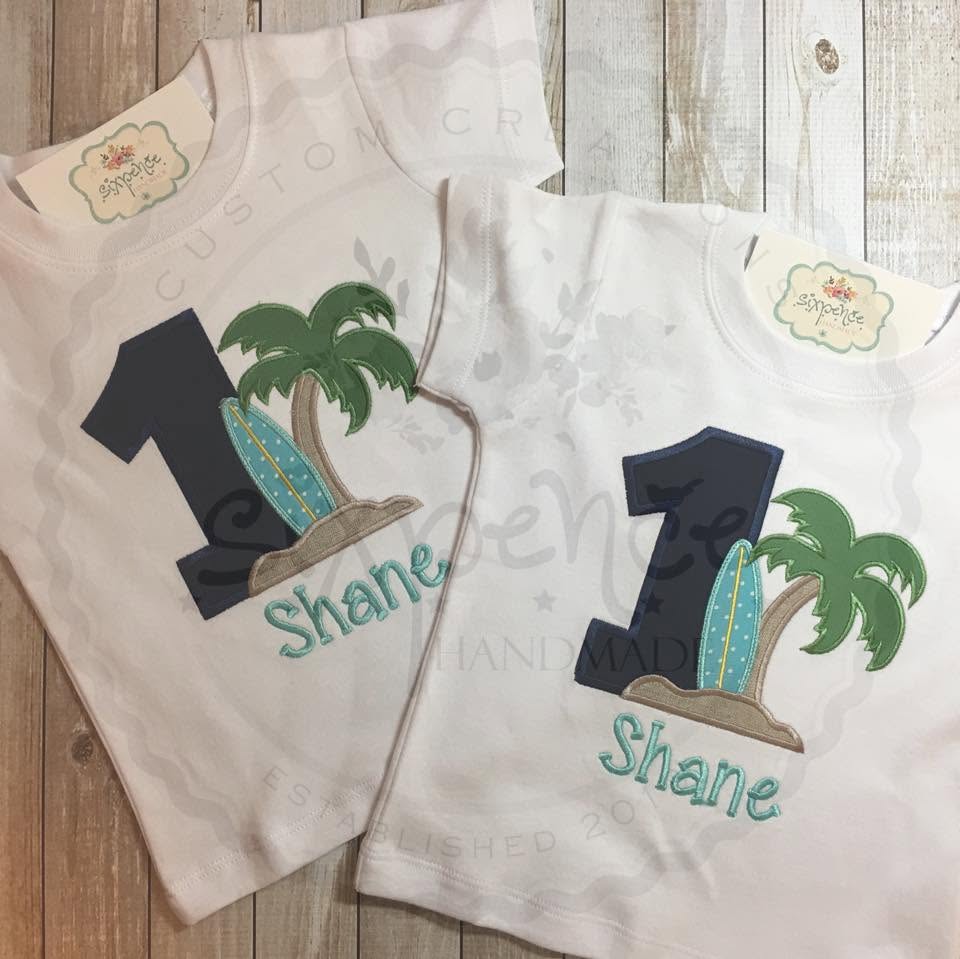 SURFBOARD BIRTHDAY APPLIQUÉ SHIRT - PERSONALIZED CUSTOM DESIGN