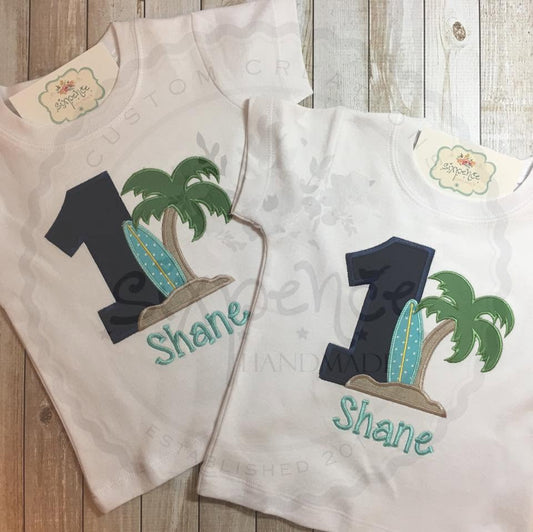 SURFBOARD BIRTHDAY APPLIQUÉ SHIRT - PERSONALIZED CUSTOM DESIGN