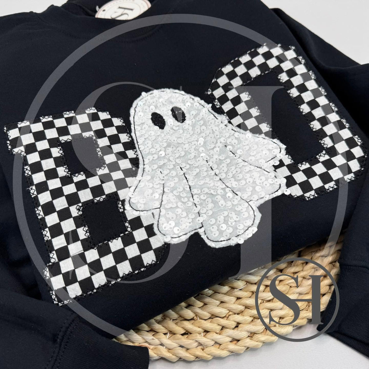 BOO CHECKERED APPLIQUÉ WITH SEQUIN GHOST - CUSTOM SHIRT
