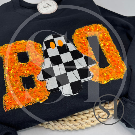 BOO SEQUIN APPLIQUÉ WITH CHECKERED GHOST - CUSTOM SHIRT